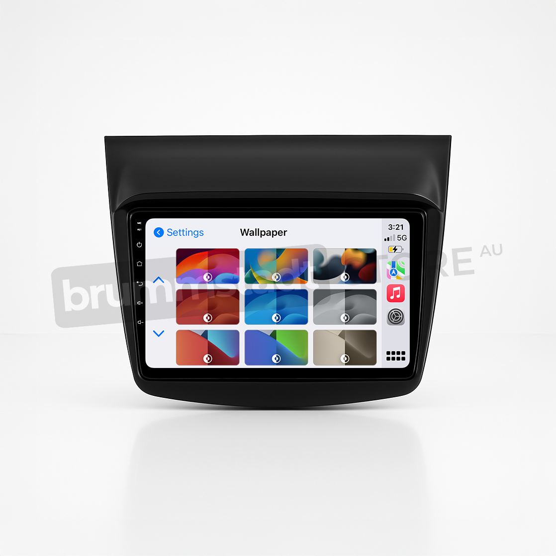 Brummstadt head unit for Mitsubishi Challenger 2008-2016 featuring a touchscreen with Apple CarPlay interface displaying colorful wallpaper options and icons for music apps. The interface is designed for navigation and communication with seamless access to features in the Mitsubishi Challenger.