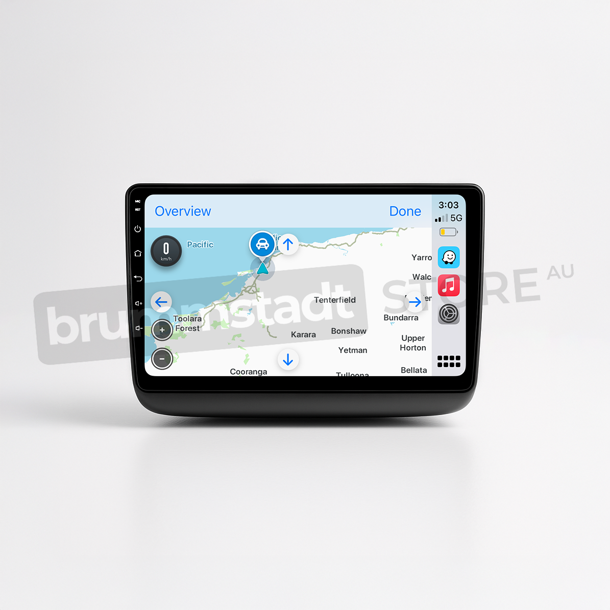 Brummstadt head unit for Jeep Grand Cherokee 2014-2022, black frame with touchscreen displaying Android Auto interface showing Google Maps, and various app icons. The head unit is designed for navigation and communication integration in Jeep Grand Cherokee vehicles.