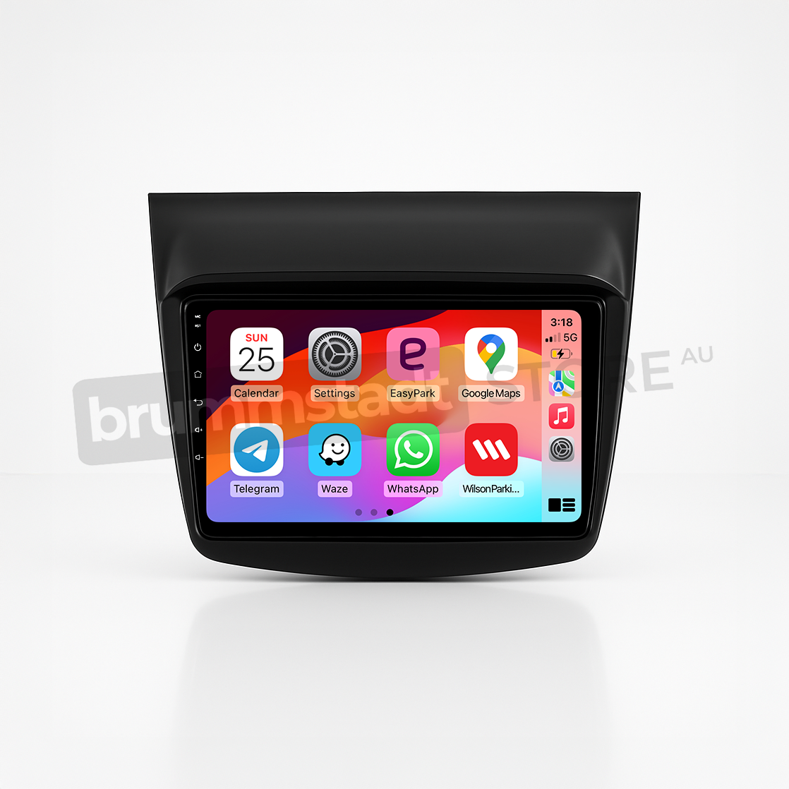 Brummstadt head unit for Mitsubishi Challenger 2008-2016, black frame, Apple CarPlay interface displaying Google Maps, Telegram, Waze, WhatsApp, Home, Calendar apps, touchscreen upgrade for navigation and communication purposes in Mitsubishi Challenger interiors.
