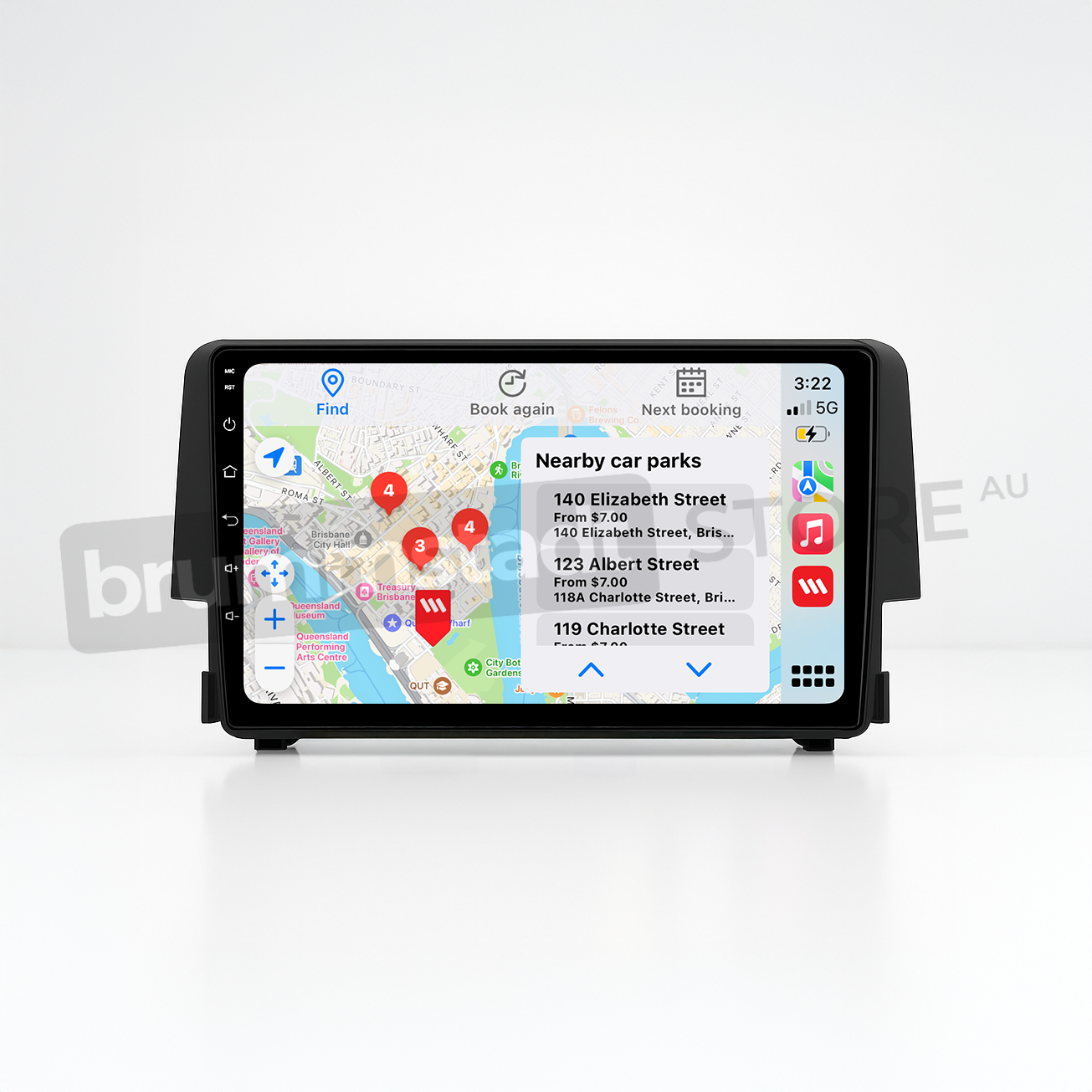 Brummstadt head unit for Honda Civic 2016-2018, black frame with capacitive buttons, Apple CarPlay interface displaying Google Maps with nearby car parks, showing directions and options, touchscreen upgrade for navigation in Honda Civic.