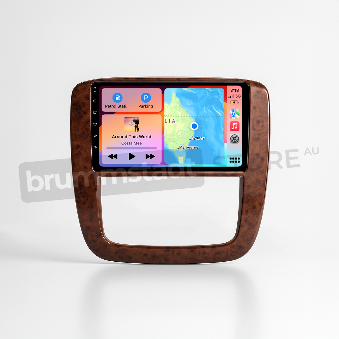 Brummstadt head unit for Chevrolet Silverado 2007-2013 featuring a brown frame, with an Apple CarPlay interface displaying Google Maps, Parking, and other apps, designed for a seamless integration with infotainment needs in Chevrolet Silverado vehicles.