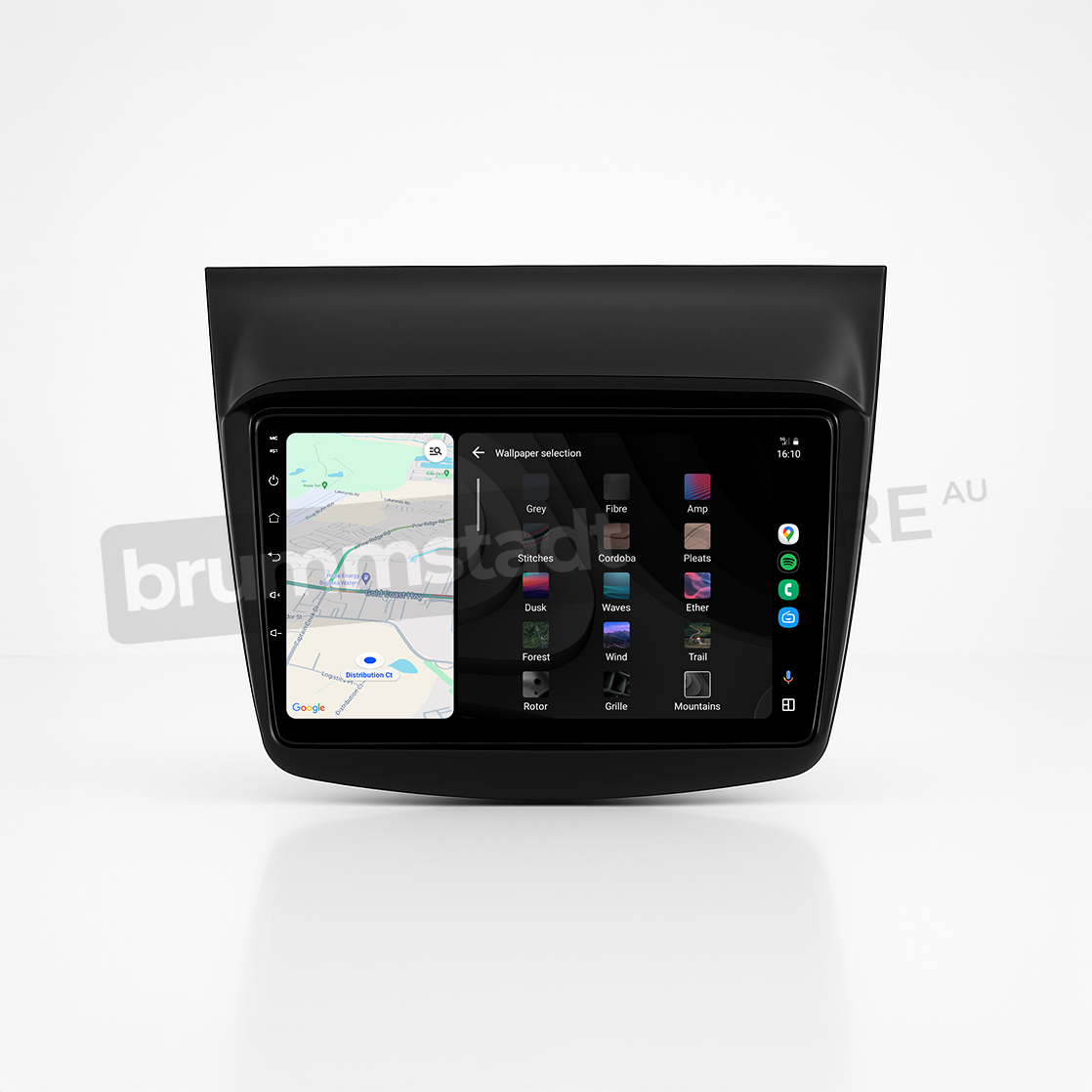 Brummstadt head unit for Mitsubishi Challenger 2008-2016, featuring a black frame with a responsive touchscreen, displaying Apple CarPlay interface with Google Maps for navigation, contact apps, and various music streaming services, designed for an enhanced driving experience in Mitsubishi Challenger vehicles.