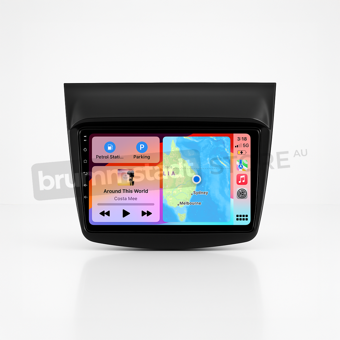 Brummstadt head unit for Mitsubishi Challenger 2008-2016, black frame with touchscreen, Apple CarPlay interface showing Google Maps for navigation, WhatsApp for messaging, Music app playing, and other functions, designed for enhancing connectivity and navigation in Mitsubishi Challenger vehicles.