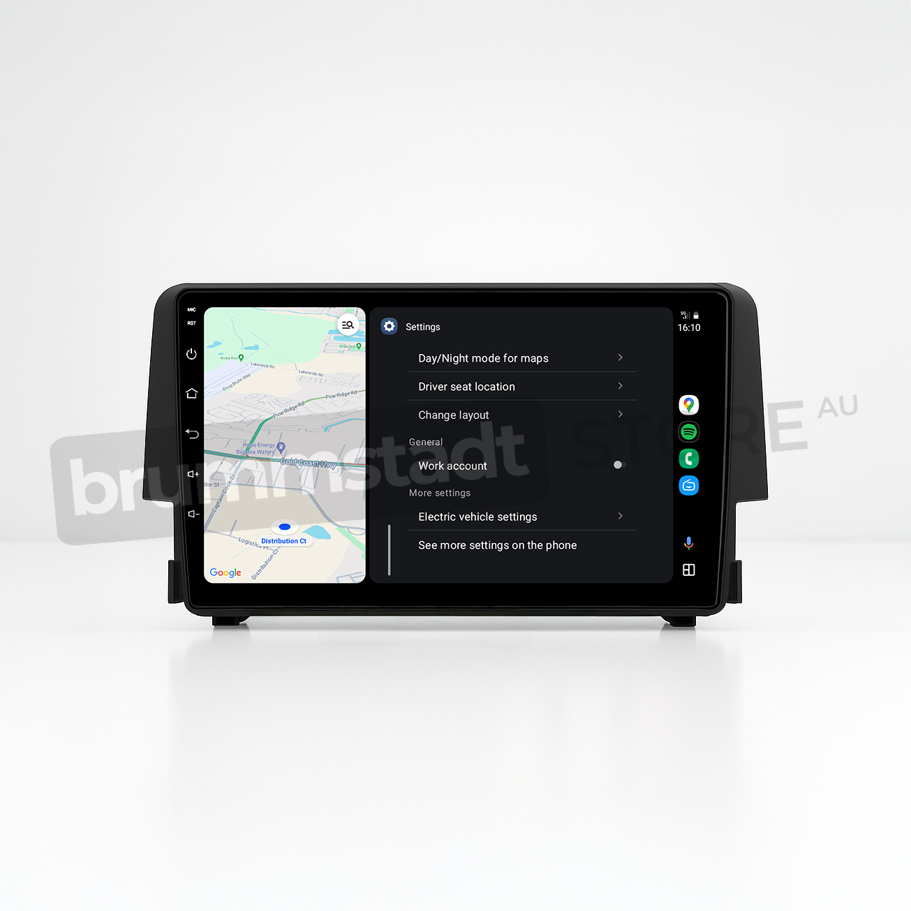 Brummstadt head unit for Honda Civic 2016-2018, sleek design with a large touchscreen display featuring Apple CarPlay interface, showing Google Maps for navigation with options for settings and account management, ideal for enhancing the driving experience in Honda Civic.