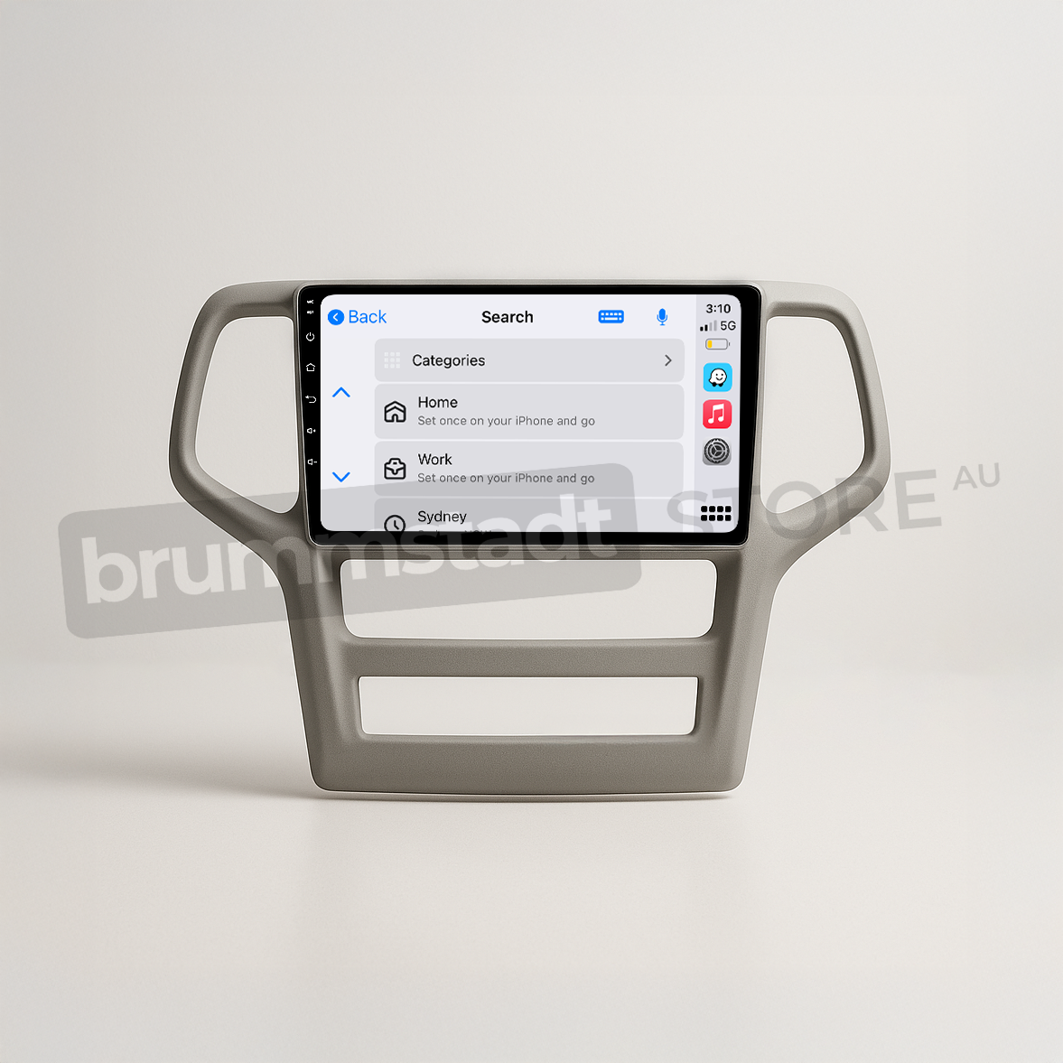 Brummstadt head unit for Jeep Grand Cherokee 2008-2013, gray frame with touchscreen interface, displaying Apple CarPlay and Android Auto options for Google Maps, Home, and Work, an ideal upgrade for navigation and communication in Jeep Grand Cherokee vehicles.