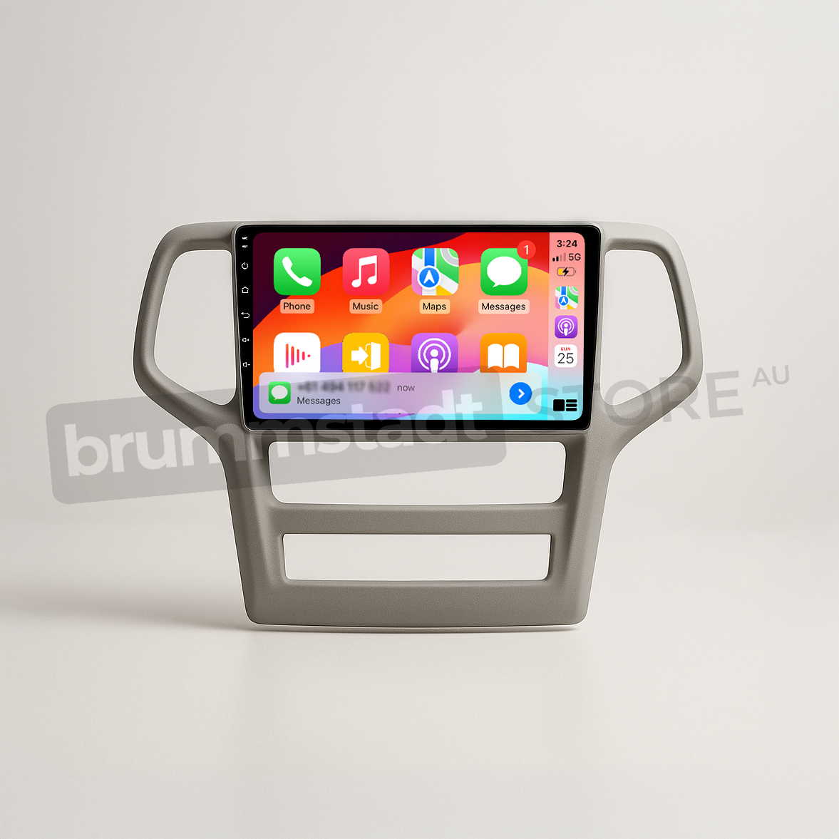 Brummstadt head unit for Jeep Grand Cherokee 2008-2013, grey frame with visible Apple CarPlay interface displaying Google Maps, Music, Messages, and other apps, touchscreen upgrade designed for enhanced navigation and communication in Jeep Grand Cherokee vehicles.