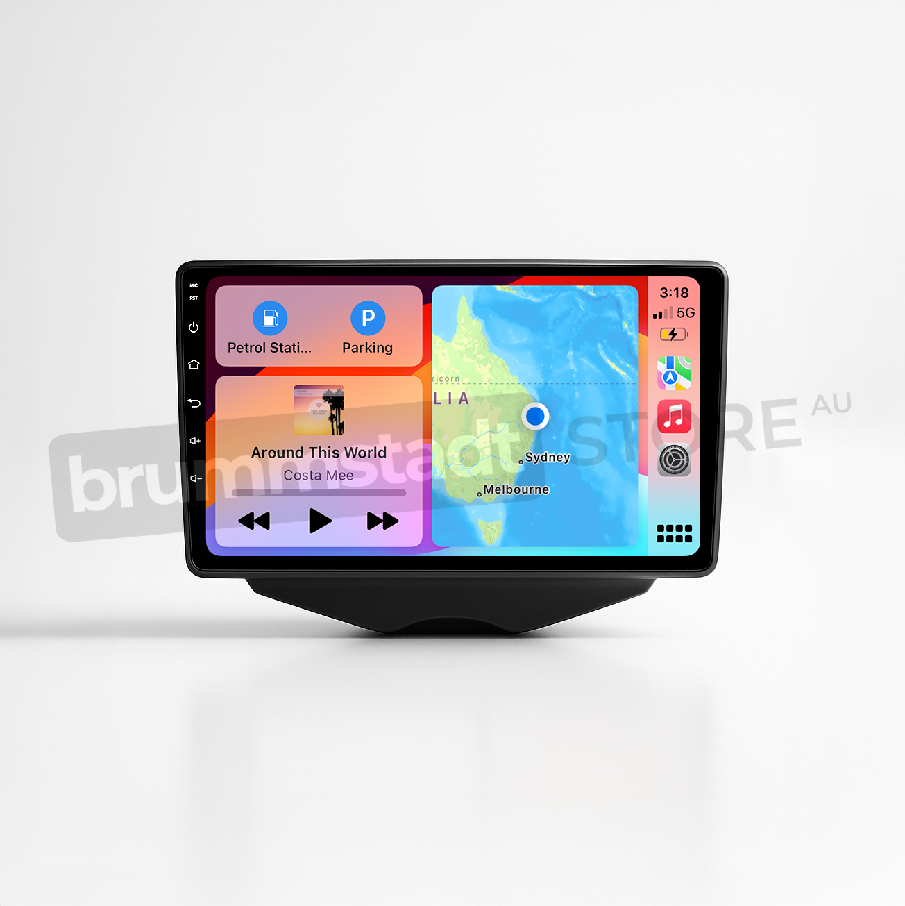 Brummstadt head unit for Hyundai Veloster 2011-2017, featuring a sleek design with a touchscreen displaying the Apple CarPlay interface. The interface shows Google Maps for navigation in Sydney, music controls, and various apps like WhatsApp and Spotify, ideal for enhanced communication and entertainment in the Hyundai Veloster.