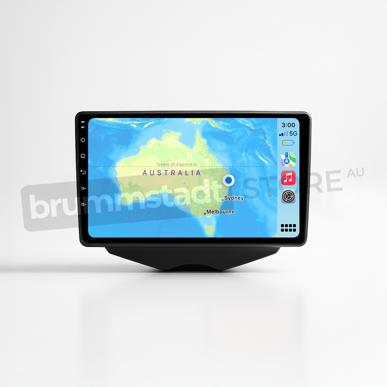Brummstadt head unit for Hyundai Veloster 2011-2017, featuring a black frame and a capacitive touchscreen displaying the Apple CarPlay interface with Google Maps showing Sydney, Australia, and available music apps.