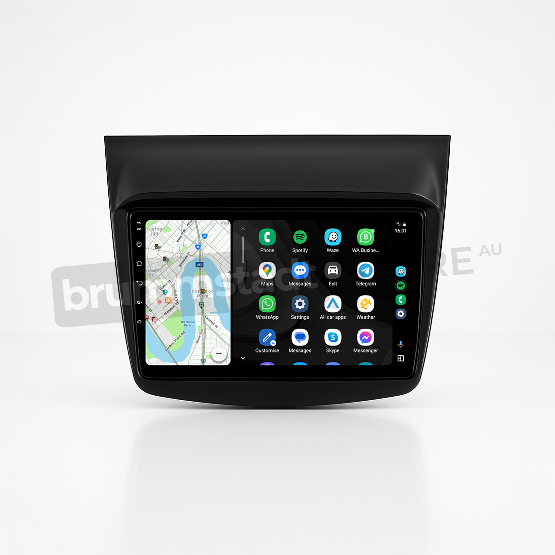 Brummstadt head unit for Mitsubishi Challenger 2008-2016, black frame with a sleek design, Apple CarPlay interface displaying Google Maps, Waze, Spotify, WhatsApp, and Telegram apps, touchscreen for enhanced navigation and communication in Mitsubishi Challenger vehicles.
