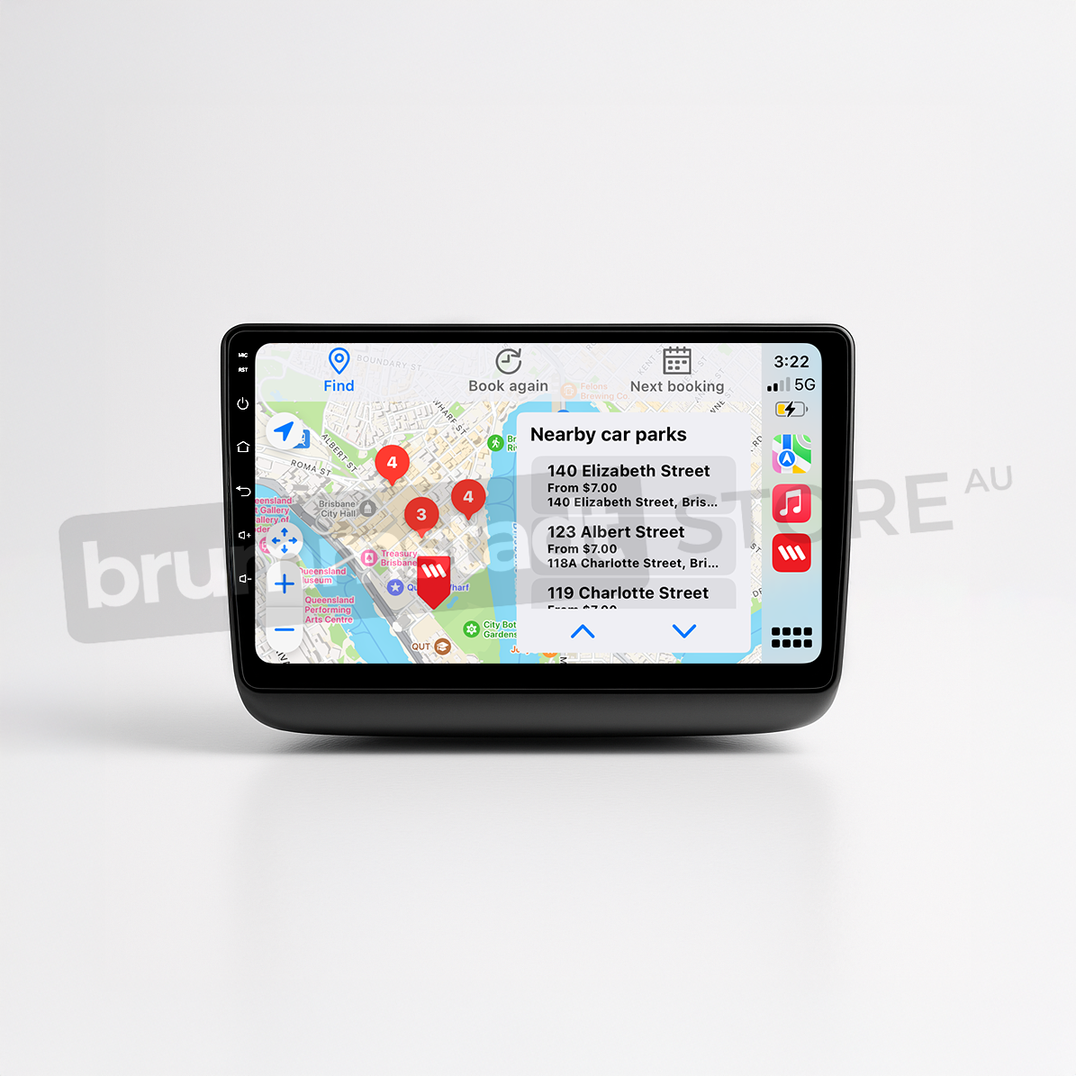 Brummstadt head unit for Jeep Grand Cherokee 2014-2022, featuring a black frame and a touchscreen displaying Apple CarPlay interface with Google Maps showing nearby car parks, including icons for navigation and messaging apps, designed to enhance the driving experience in Jeep Grand Cherokee vehicles.