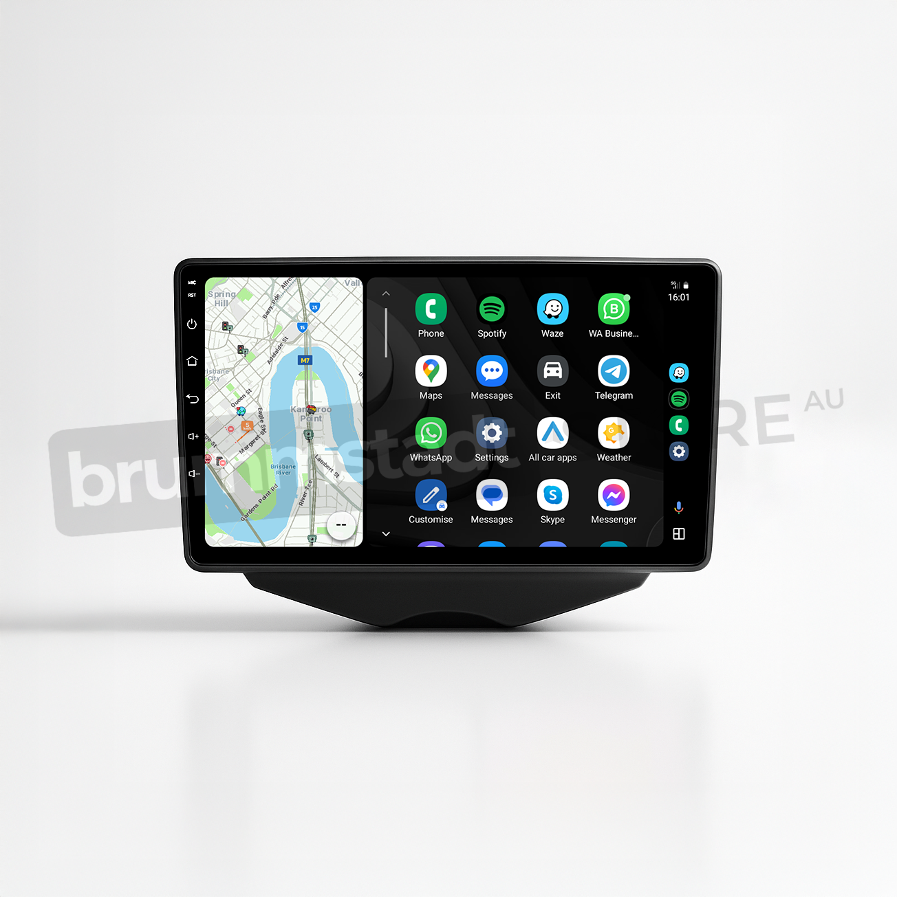 Brummstadt head unit for Hyundai Veloster 2011-2017, black frame with touchscreen display, Apple CarPlay interface showing Google Maps, Spotify, WhatsApp, Skype, and other apps for navigation and communication, designed for seamless user experience in Hyundai Veloster vehicles.