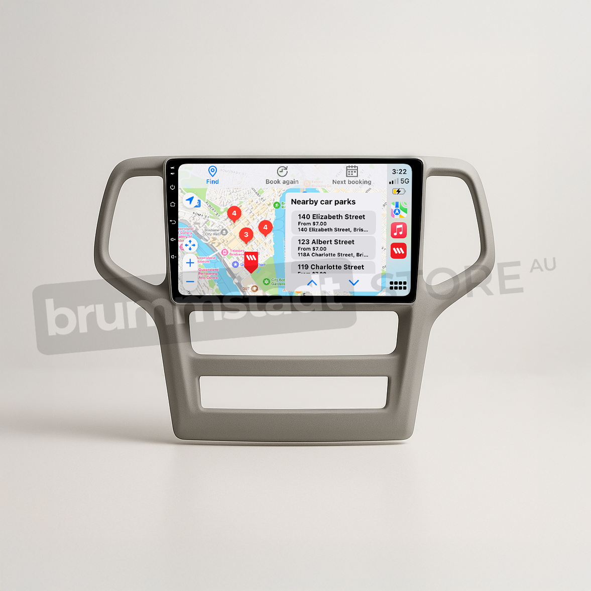 Brummstadt head unit for Jeep Grand Cherokee 2008-2013, gray frame featuring a touchscreen interface with Apple CarPlay showing Google Maps, Nearby parks, and other application icons, a complete infotainment system upgrade designed for Jeep Grand Cherokee vehicles.