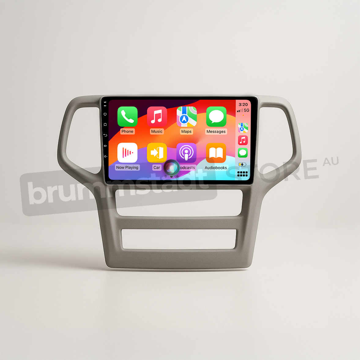 Brummstadt head unit for Jeep Grand Cherokee 2008-2013, gray frame with a large touchscreen, Apple CarPlay interface displaying Music, Maps, Messages, Podcasts, and Audibooks apps, designed for seamless integration in Jeep Grand Cherokee vehicles.