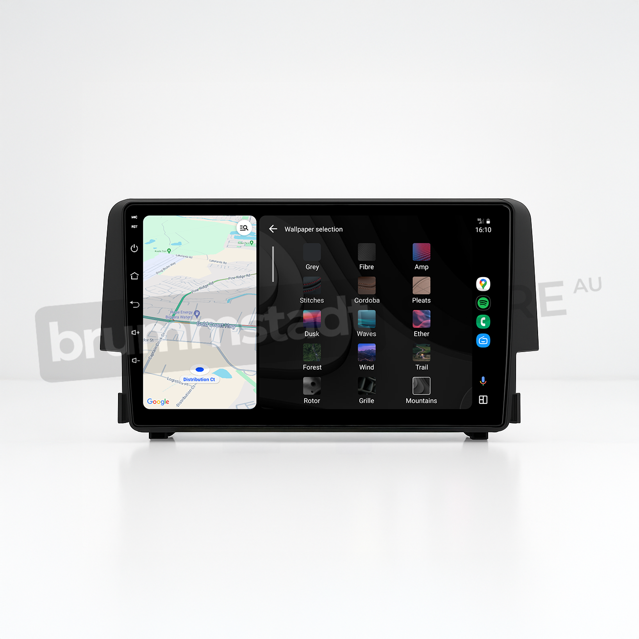 Brummstadt head unit for Honda Civic 2016-2018, sleek black design featuring a touchscreen interface, displaying Apple CarPlay with Google Maps navigation and various app shortcuts including Weather, Music, and Messages, designed to enhance connectivity in Honda Civic vehicles.