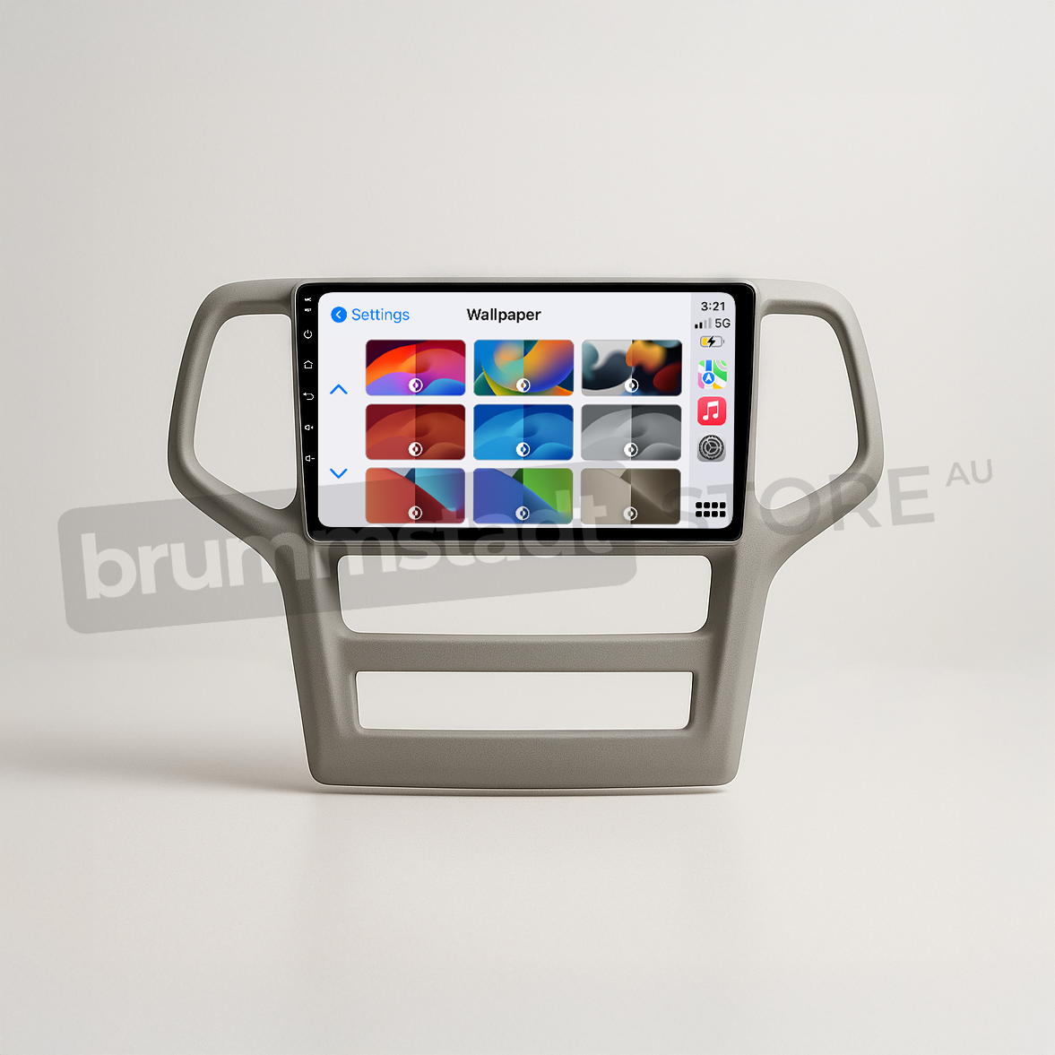 Brummstadt head unit for Jeep Grand Cherokee 2008-2013, grey frame, touchscreen interface displaying Apple CarPlay with various app shortcuts including Google Maps and WhatsApp, designed for enhanced connectivity in Jeep Grand Cherokee models.