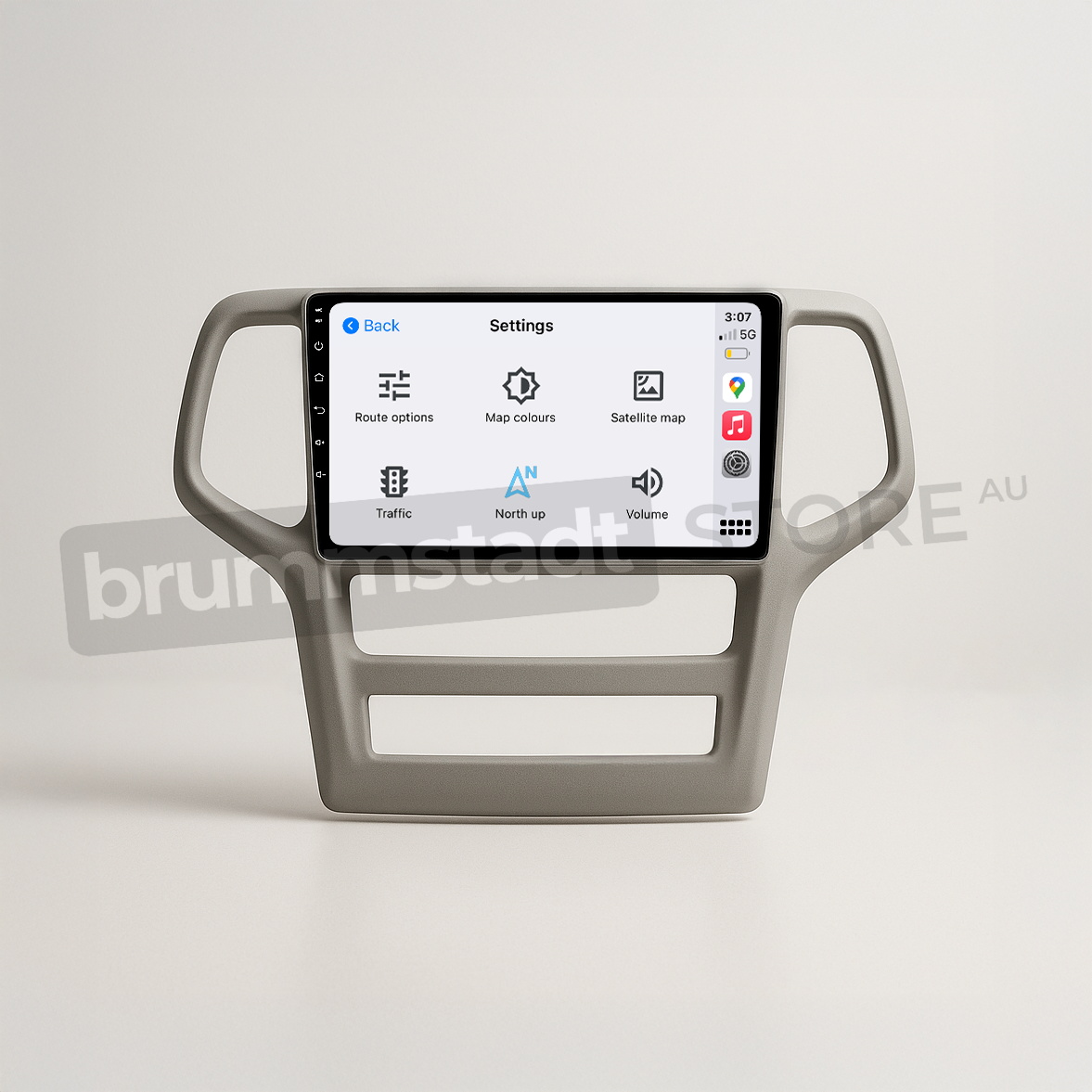 Brummstadt head unit for Jeep Grand Cherokee 2008-2013, light gray frame with a large touchscreen, Apple CarPlay interface showing settings, map options, volume control, and a layout featuring Google Maps and other navigation icons, designed for seamless integration into Jeep Grand Cherokee interiors.