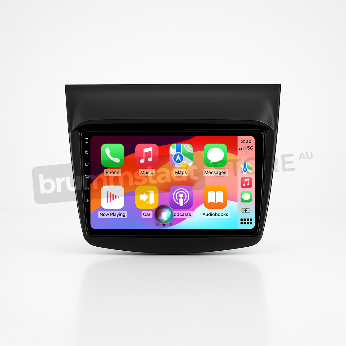 Brummstadt head unit for Mitsubishi Challenger 2008-2016, black frame with a touchscreen interface, Apple CarPlay displaying Google Maps, Music, Messages, Podcasts, and Settings apps, designed to enhance navigation and communication in Mitsubishi Challenger vehicles.