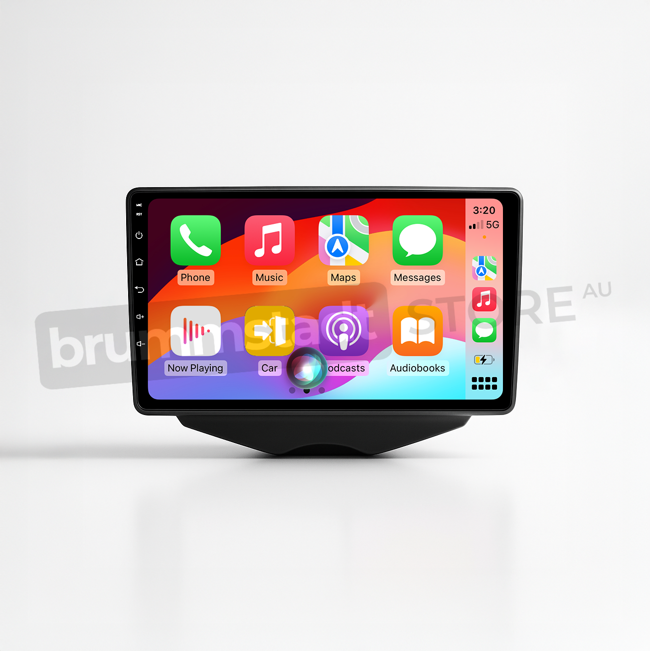 Brummstadt head unit for Hyundai Veloster 2011-2017, black frame with a vibrant touchscreen interface showing Apple CarPlay, featuring apps like Phone, Music, Maps, Messages, Podcasts, and Audiobooks, enhancing navigation and media access in Hyundai Veloster interiors.
