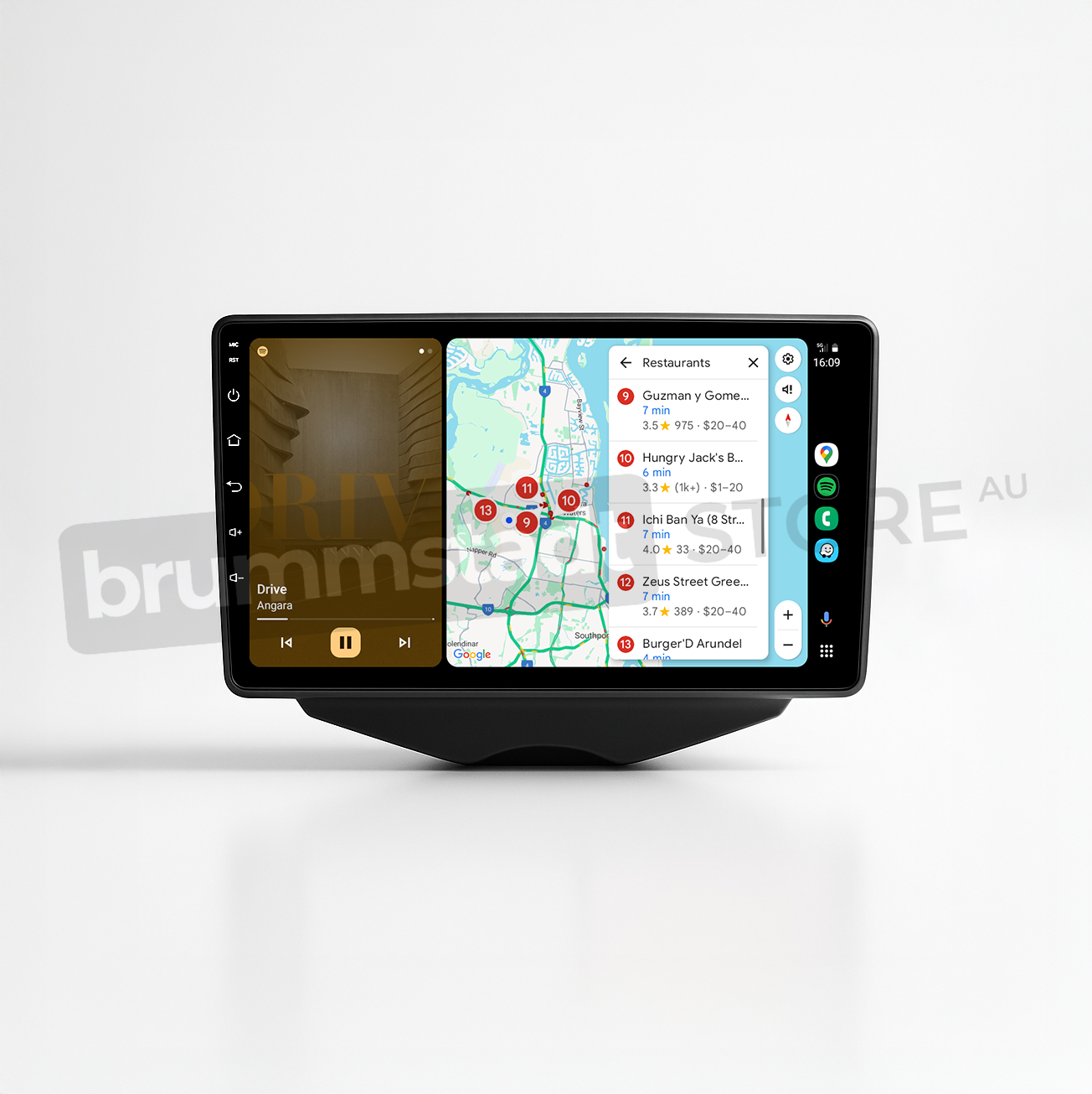 Brummstadt head unit for Hyundai Veloster 2011-2017, featuring a black frame and a touchscreen interface displaying Apple CarPlay with Google Maps showing nearby restaurants, including Hungry Jacks and Burger Around, along with music playing from the interface. This head unit provides modern navigation and media functionality seamlessly integrated into the Hyundai Veloster.