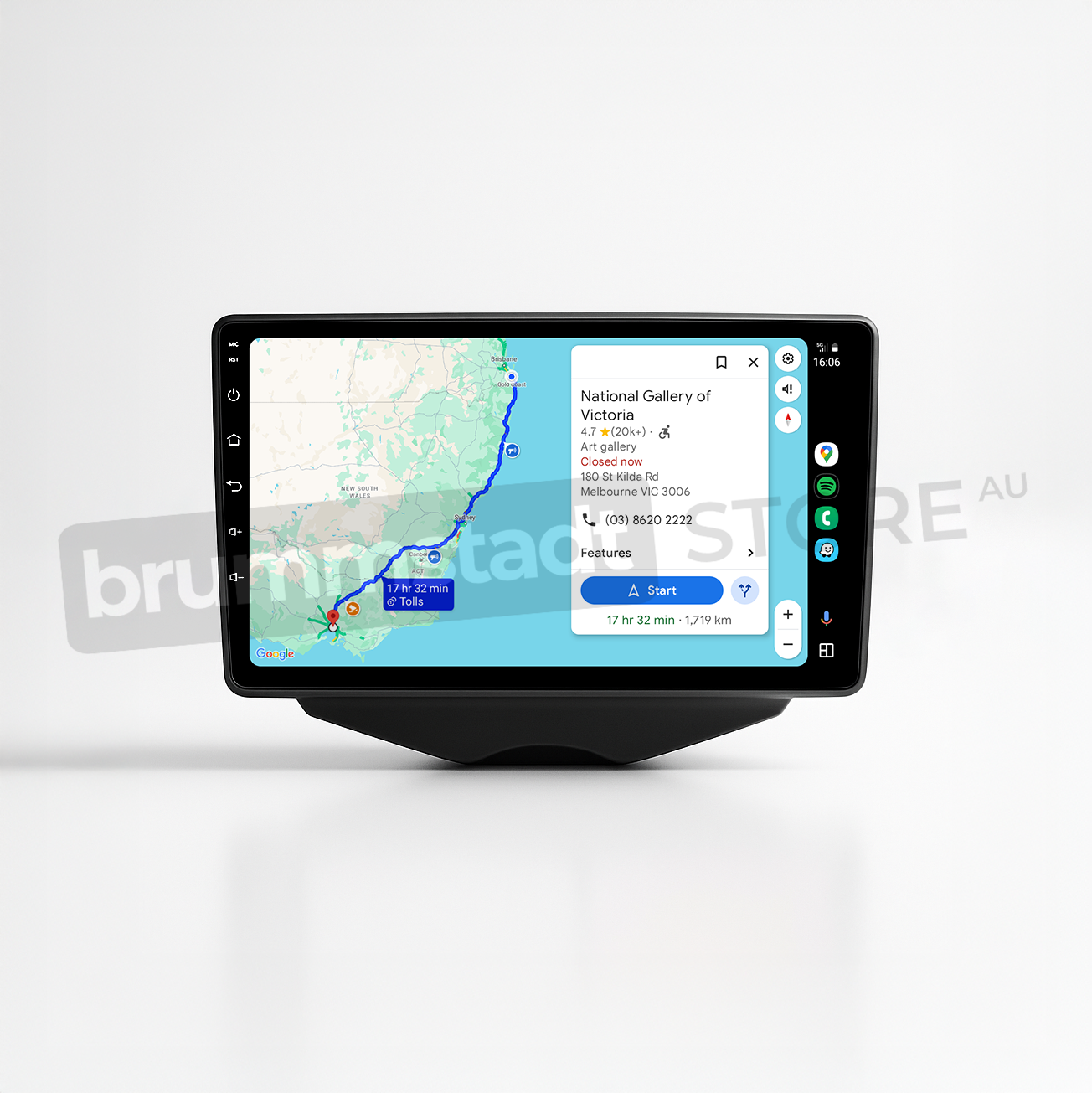 Brummstadt head unit for Hyundai Veloster 2011-2017, featuring a black frame and a touchscreen interface displaying Apple CarPlay with Google Maps navigation, including directions to the National Gallery of Victoria, as well as visible access to WhatsApp for messaging, tailored for modern connectivity in Hyundai Veloster vehicles.