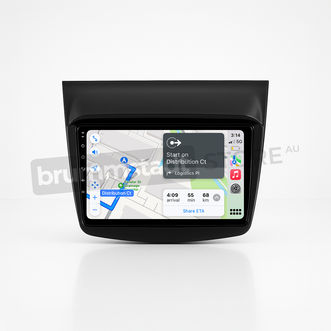 Brummstadt head unit for Mitsubishi Challenger 2008-2016, sleek design with a touchscreen interface, Apple CarPlay displaying Google Maps for navigation, along with visible music app icons, providing access to navigation and streaming functions tailored for Mitsubishi Challenger vehicles.