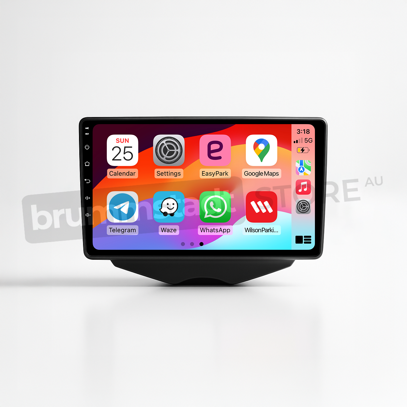 Brummstadt head unit for Hyundai Veloster 2011-2017 featuring a sleek black design, with a responsive touchscreen displaying Apple CarPlay interface, showing Google Maps, Telegram, Waze, WhatsApp, EasyPark, and WilsonPark apps for enhanced navigation and communication.