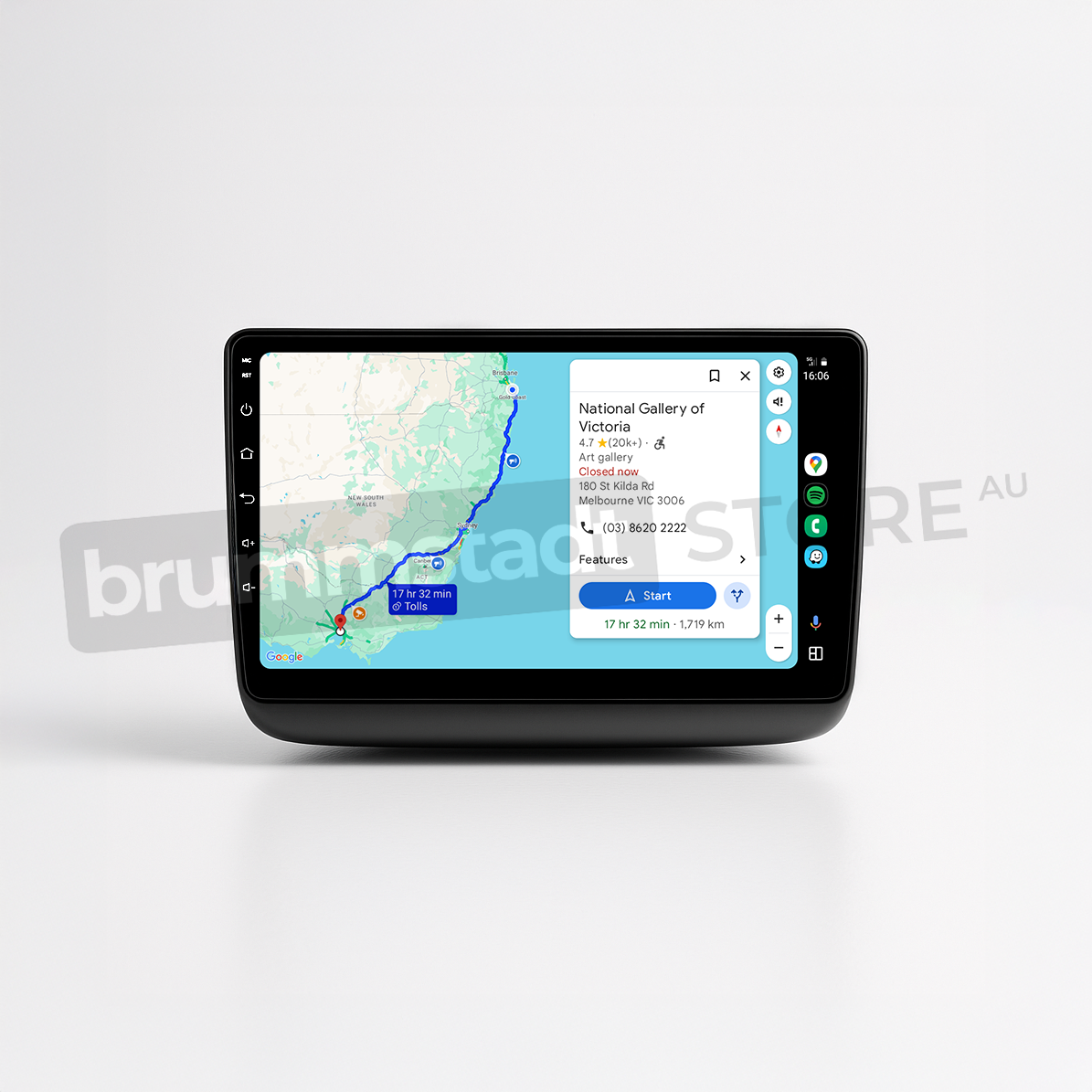 Brummstadt head unit for Jeep Grand Cherokee 2014-2022, black frame with a capacitive touchscreen displaying Android Auto interface showing Google Maps with a route and estimated time, designed for navigation in Jeep Grand Cherokee vehicles.