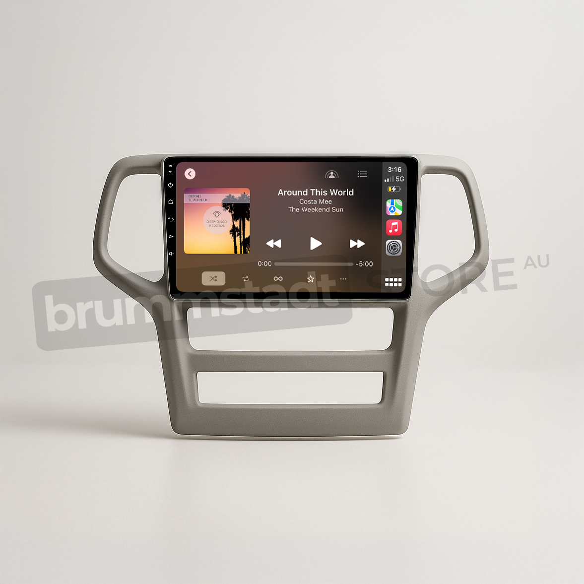 Brummstadt head unit for Jeep Grand Cherokee 2008-2013, grey frame, Apple CarPlay interface displaying music playback, touchscreen controls, designed for enhanced multimedia experience in Jeep Grand Cherokee vehicles.