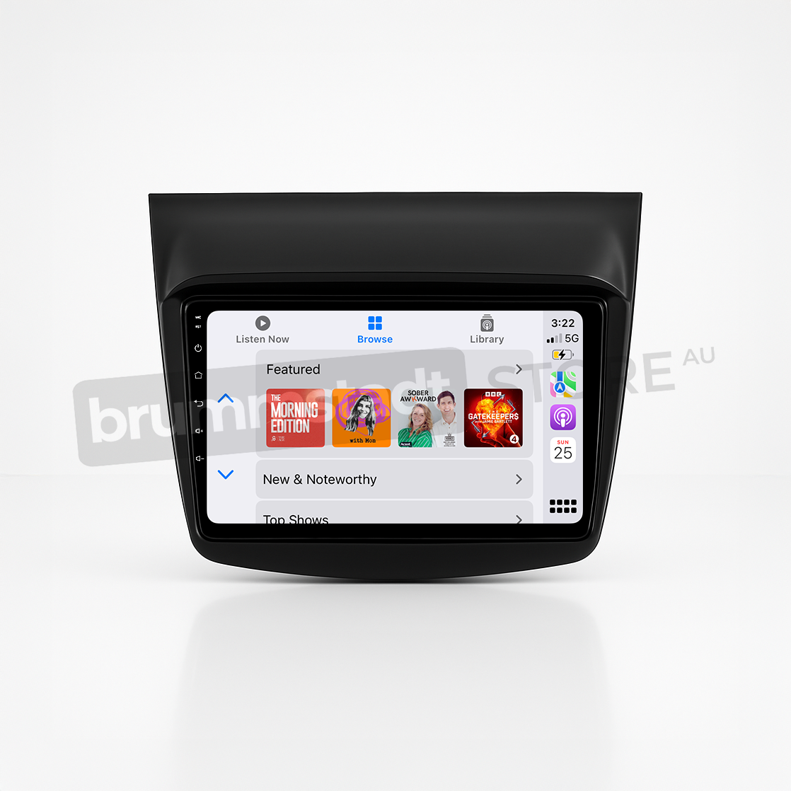 Brummstadt head unit for Mitsubishi Challenger 2008-2016 with a sleek black frame, featuring an active Apple CarPlay interface showing music applications including Spotify, featured playlists, and system navigation. The touchscreen enables easy access to apps like Google Maps and WhatsApp, enhancing connectivity and entertainment options for Mitsubishi Challenger drivers.