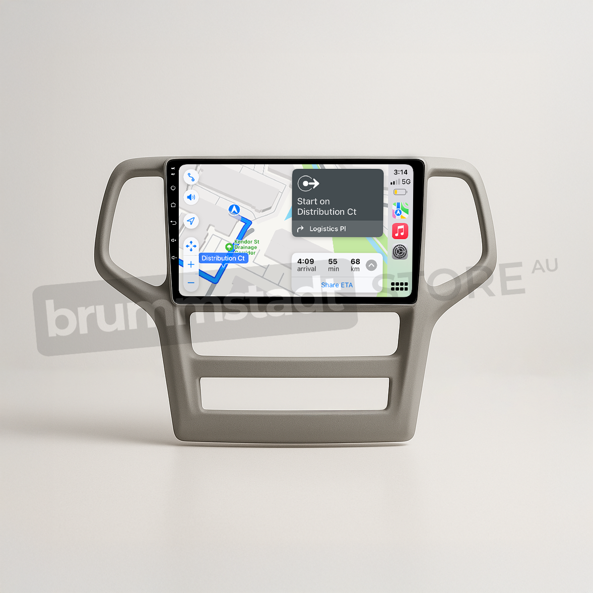 Brummstadt head unit for Jeep Grand Cherokee 2008-2013, grey frame with capacitive touchscreen, Apple CarPlay interface displaying Google Maps, equipped for navigation and communication in Jeep Grand Cherokee vehicles.