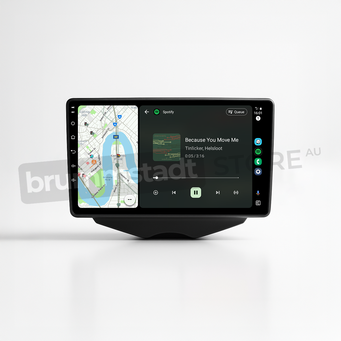 Brummstadt head unit for Hyundai Veloster 2011-2017, black frame with sleek design, Apple CarPlay interface showing Google Maps alongside Spotify, providing navigation and music streaming features, ideal for enhanced connectivity in Hyundai Veloster vehicles.