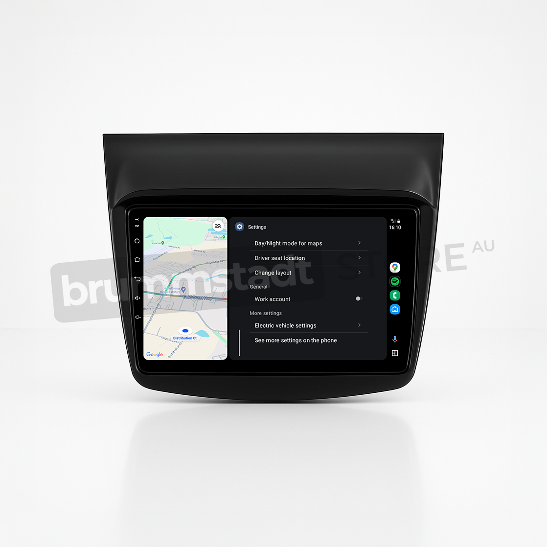 Brummstadt head unit for Mitsubishi Challenger 2008-2016, featuring a black frame with a touchscreen interface, Apple CarPlay displaying navigation settings, Google Maps, and various app icons for connectivity. The unit enhances the Mitsubishi Challenger’s infotainment system, offering seamless access to maps and settings for a modern driving experience.