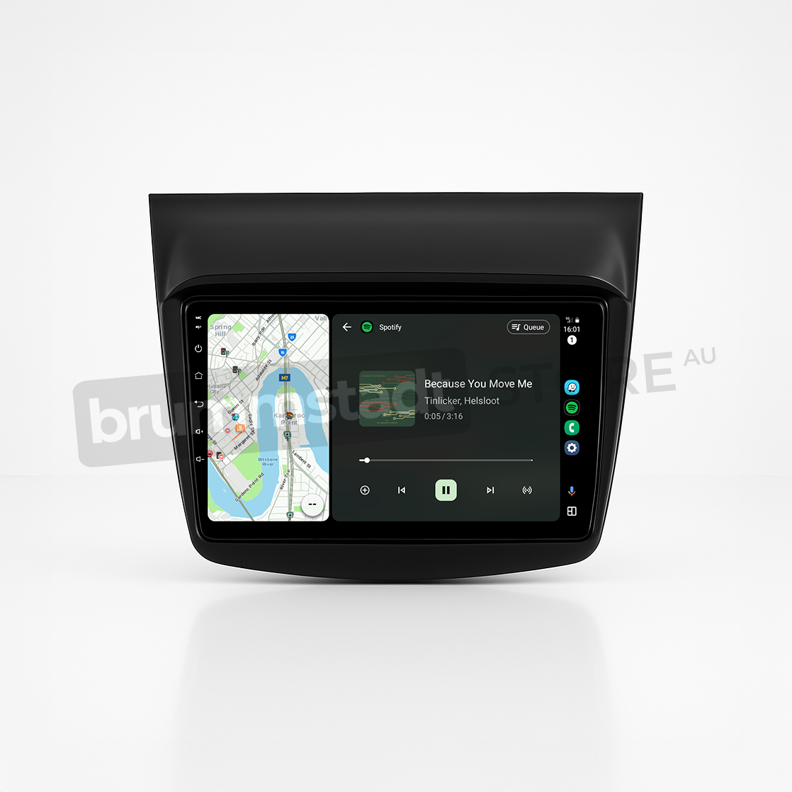 Brummstadt head unit for Mitsubishi Challenger 2008-2016, sleek black touchscreen, Apple CarPlay interface displaying Google Maps and Spotify, providing navigation and music options directly in Mitsubishi Challenger interiors.
