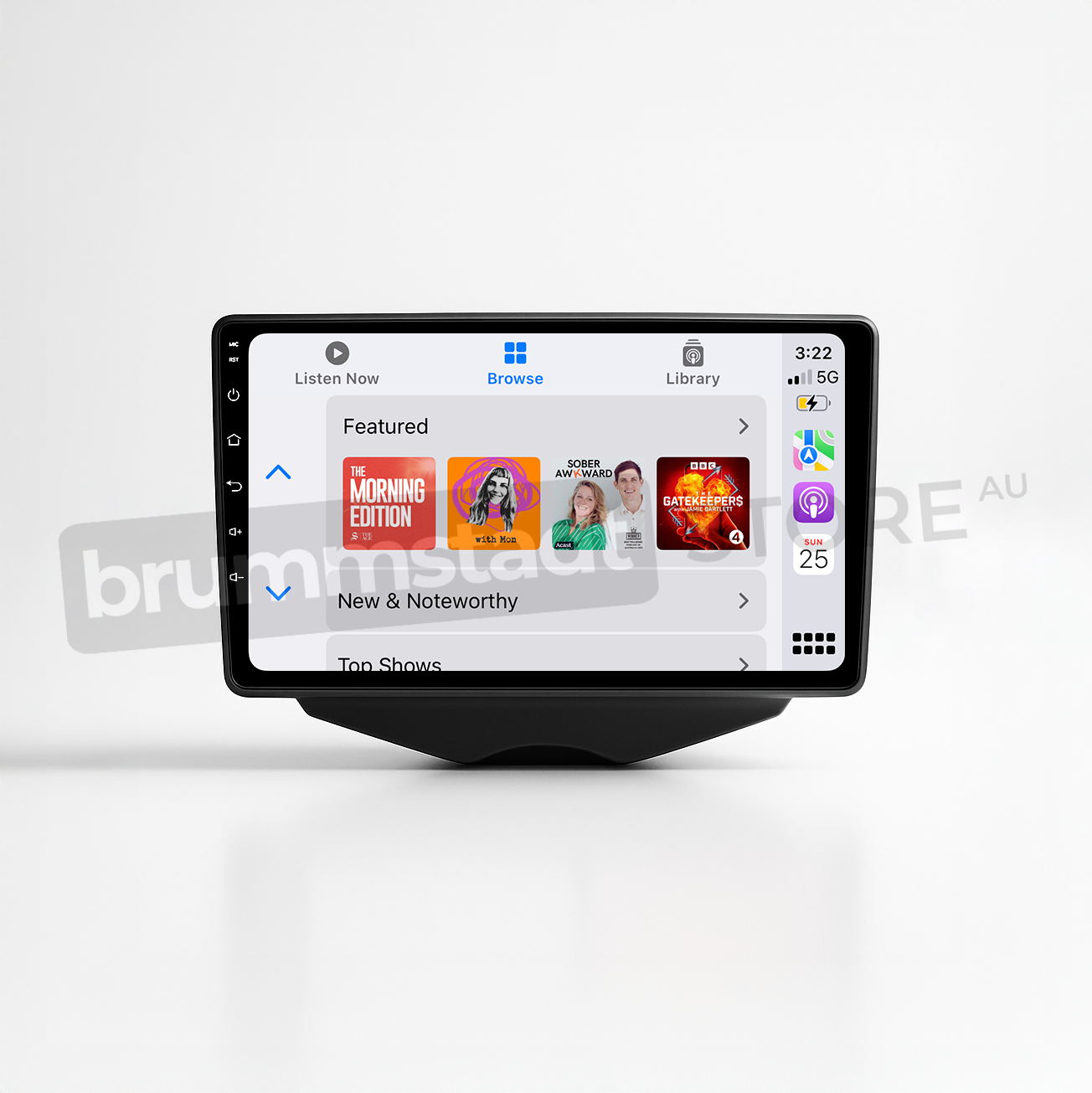Brummstadt head unit for Hyundai Veloster 2011-2017, sleek design with a capacitive touchscreen, Apple CarPlay interface displaying featured music and library options, including apps for streaming services, easy access to media features, and updated navigation, providing a superior infotainment experience in Hyundai Veloster vehicles.