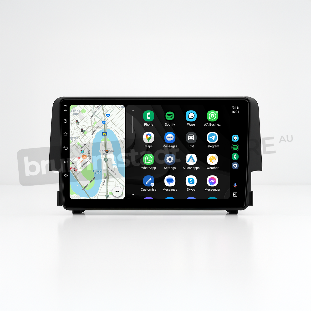 Brummstadt head unit for Honda Civic 2016-2018, featuring a sleek black frame with a capacitive touchscreen, showing Apple CarPlay interface with Google Maps, Waze, WhatsApp, and Spotify apps, designed for enhanced navigation and communication in the Honda Civic.