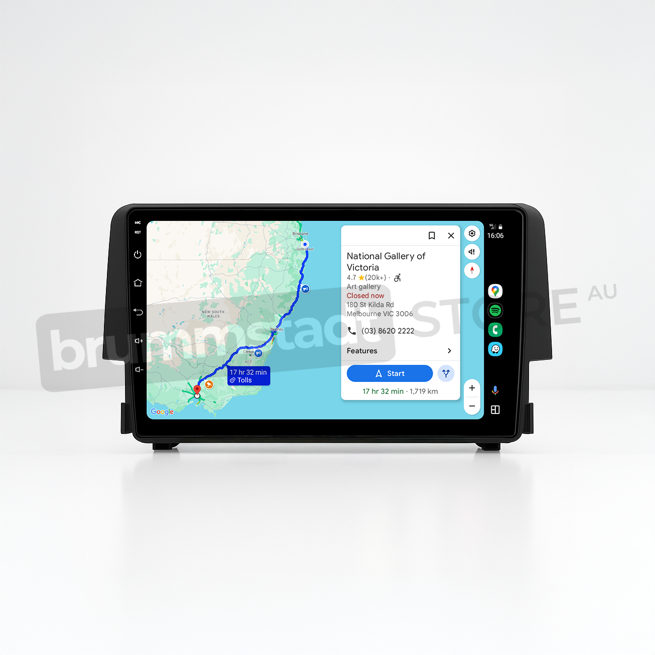 Brummstadt head unit for Honda Civic 2016-2018 featuring a black frame and a touchscreen display, showcasing the Apple CarPlay interface with Google Maps navigation, indicating a route through Sydney, visual elements for music playing, and options for various apps, designed for enhanced usability in Honda Civic vehicles.