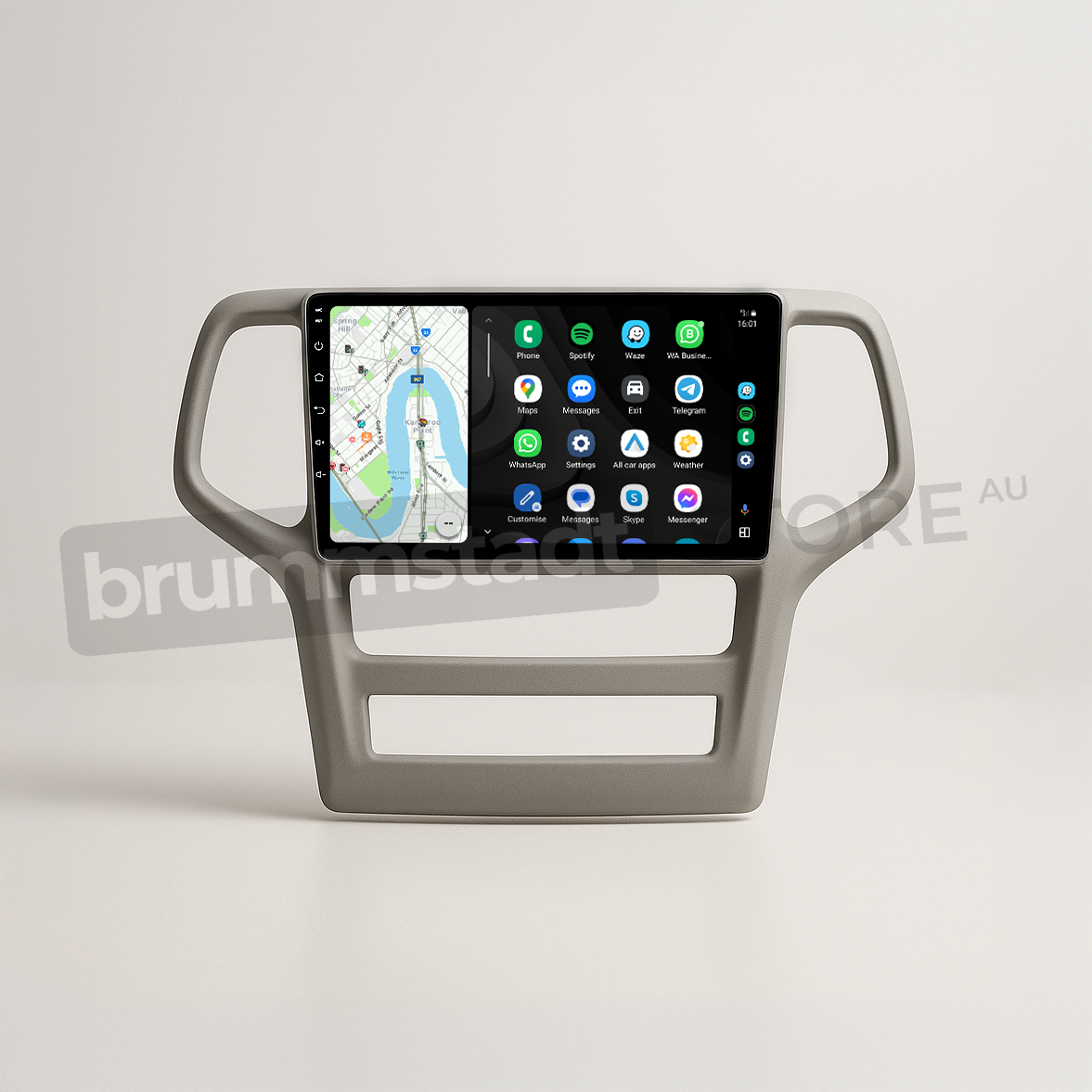 Brummstadt head unit for Jeep Grand Cherokee 2008-2013, grey frame with centrally positioned touchscreen, featuring Apple CarPlay and Android Auto interfaces displaying Google Maps, Waze, WhatsApp, and other compatible apps for enhanced navigation and communication in Jeep Grand Cherokee interiors.