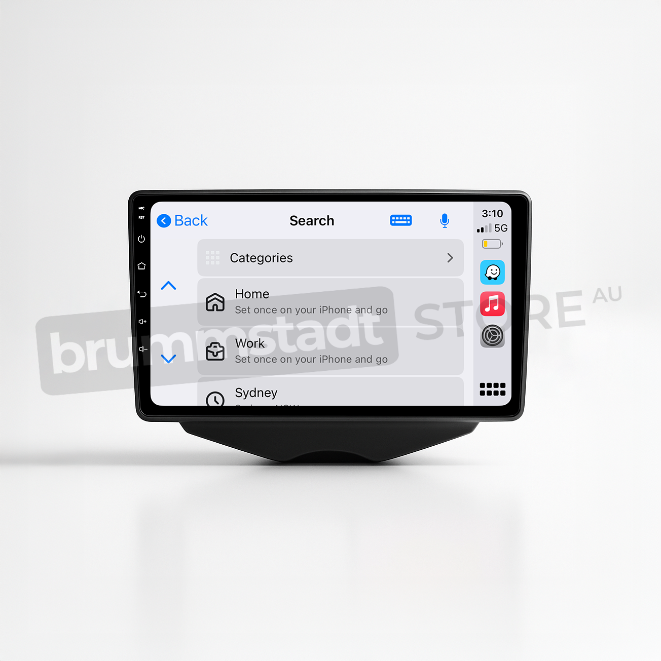 Brummstadt head unit for Hyundai Veloster 2011-2017 featuring a black frame and touchscreen interface, showcasing the Apple CarPlay UI with icons for Home, Work, Google Maps, and a list of categories, suitable for navigation and communication in Hyundai Veloster vehicles.