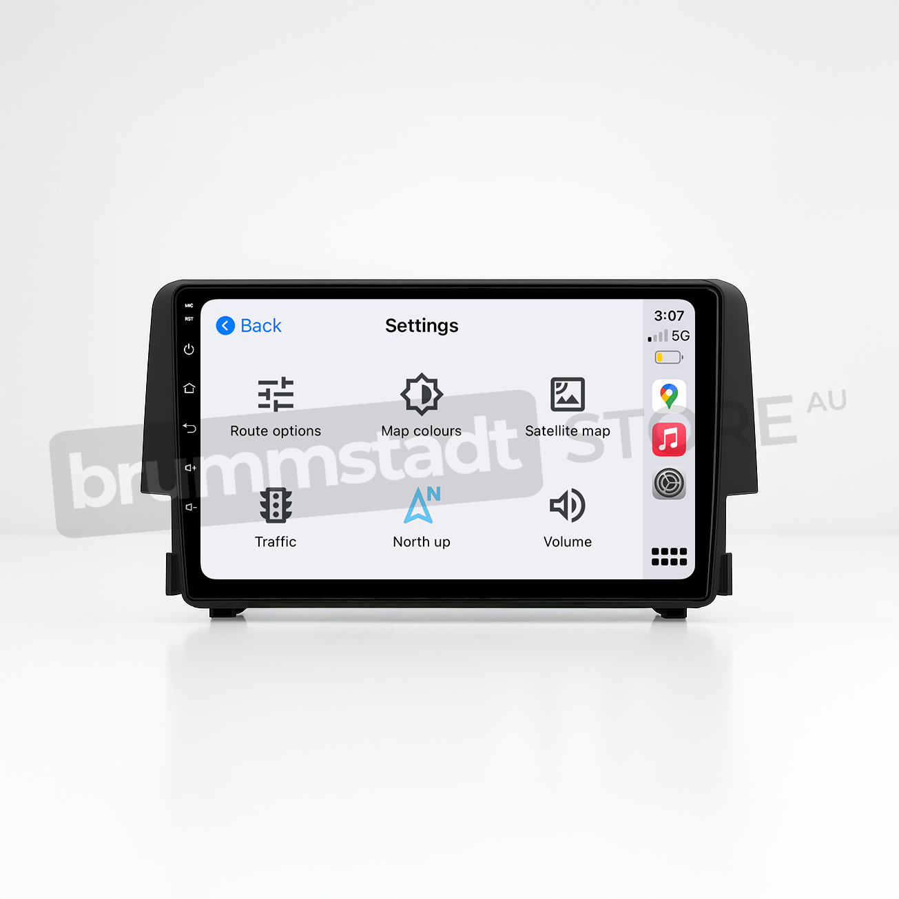 Brummstadt head unit for Honda Civic 2016-2018 featuring a black frame, touchscreen interface displaying Apple CarPlay with settings menu including options for route, map colors, and satellite view, making it ideal for navigation.