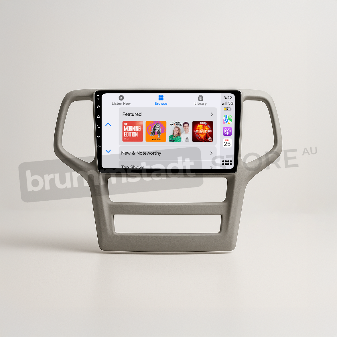 Brummstadt head unit for Jeep Grand Cherokee 2008-2013, gray frame with touchscreen display, Apple CarPlay interface featuring apps like Spotify, Apple Music, Podcasts, and more for navigation and entertainment in Jeep Grand Cherokee interiors.