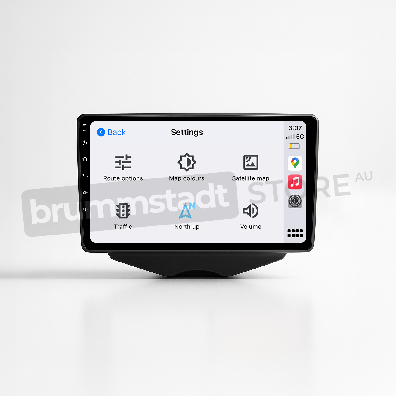 Brummstadt head unit for Hyundai Veloster 2011-2017, featuring a sleek design with a touchscreen interface, showing the Apple CarPlay settings. The interface includes route options, map colors, and satellite maps along with volume control and traffic information, enhancing navigation and user interaction in the Hyundai Veloster.