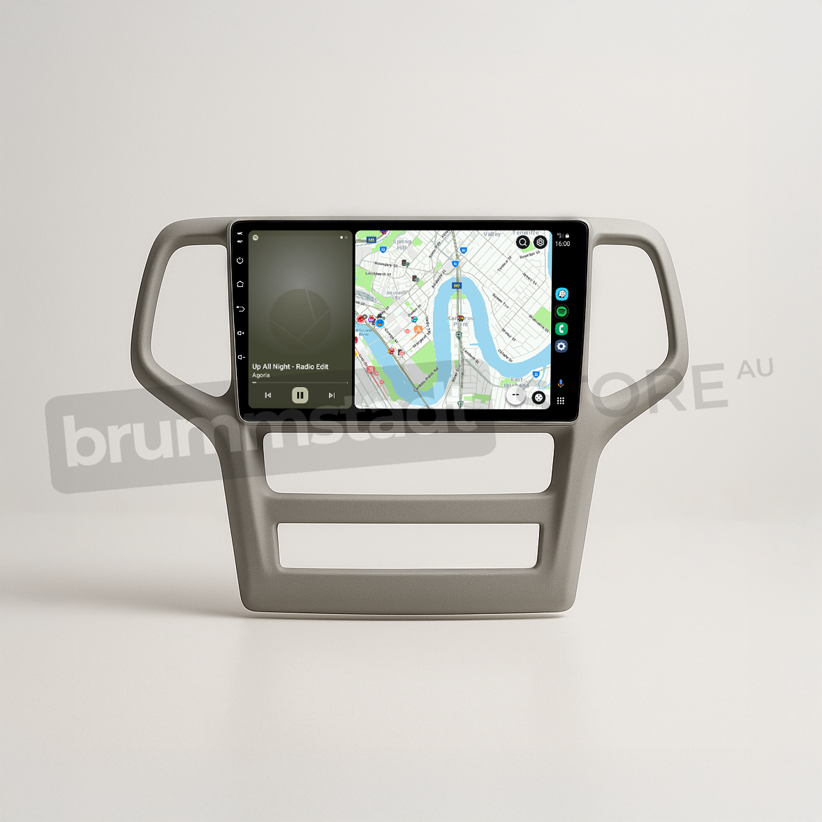 Brummstadt head unit for Jeep Grand Cherokee 2008-2013, grey frame with integrated touchscreen displaying Apple CarPlay and Android Auto interface, featuring Google Maps, radio controls, and music apps for navigation and communication in Jeep Grand Cherokee interiors.