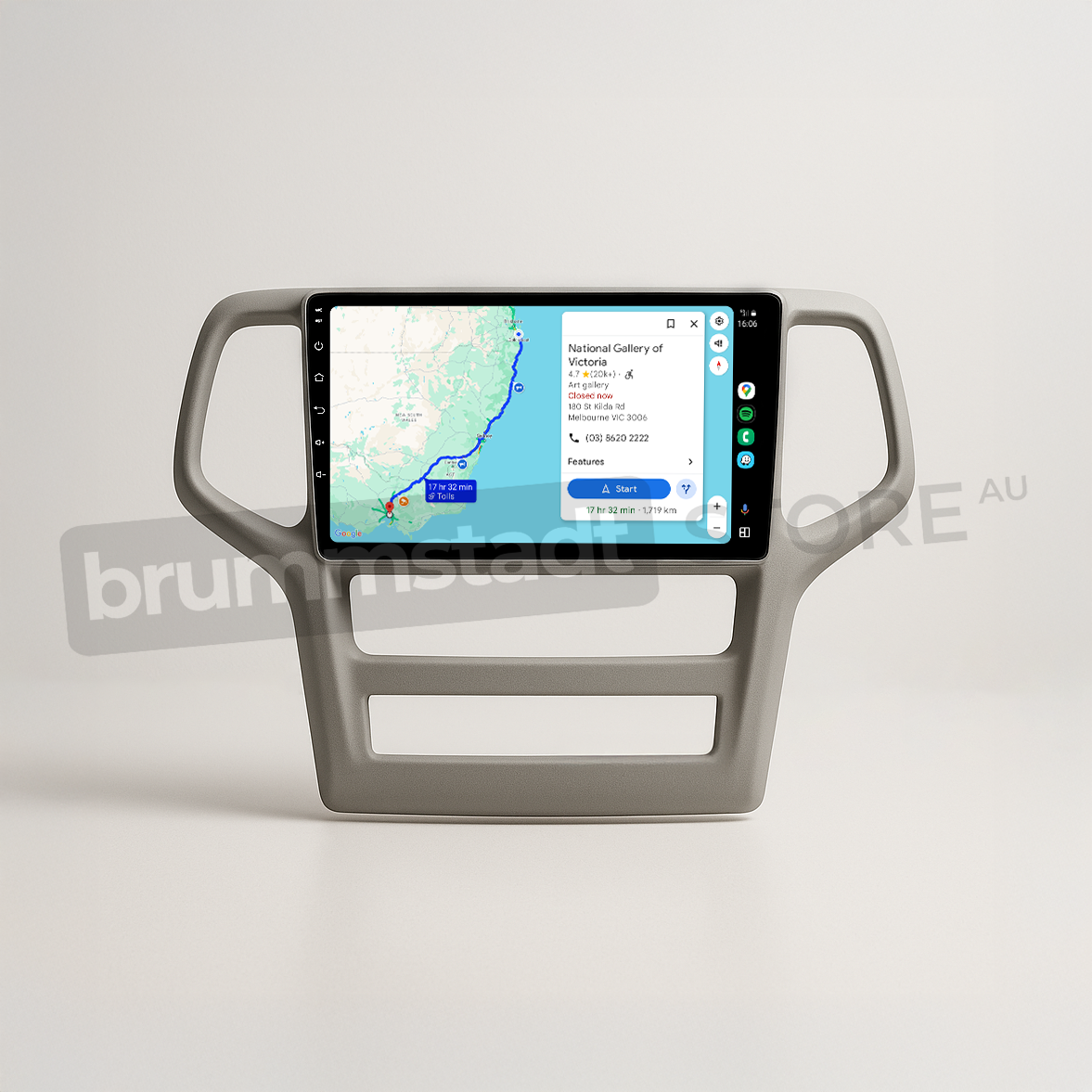 Brummstadt head unit for Jeep Grand Cherokee 2008-2013, grey frame with large touchscreen, Apple CarPlay interface displaying Google Maps, designed for navigation and communication apps in Jeep Grand Cherokee vehicles.