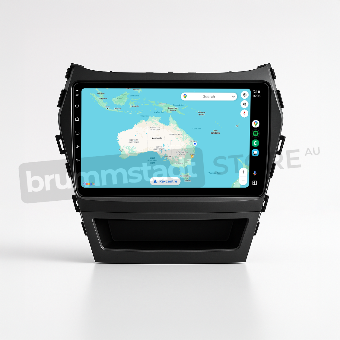 Brummstadt head unit for Hyundai Santa Fe 2013-2018, black frame with touchscreen, Apple CarPlay interface displaying Australian Map with locations like Sydney and Melbourne, integrated navigation for easy route planning in Hyundai Santa Fe, featuring visible apps for communication and travel.