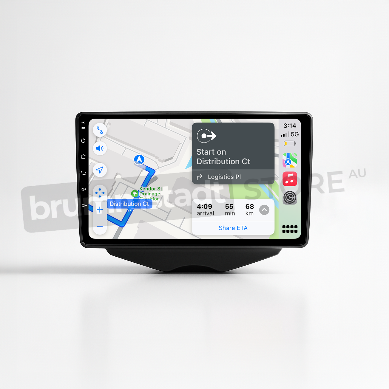 Brummstadt head unit for Hyundai Veloster 2011-2017, sleek design with capacitive touchscreen displaying Apple CarPlay interface, showing Google Maps for navigation with current route, located near Distribution Ct, live traffic updates, additional interface options include feature buttons for easy access to music and navigation apps in Hyundai Veloster.