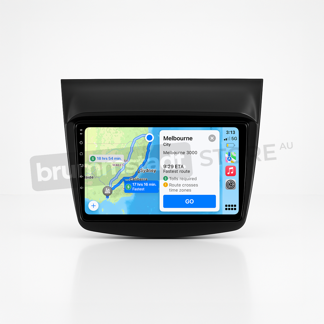 Brummstadt head unit for Mitsubishi Challenger 2008-2016, sleek black frame, vibrant touchscreen displaying Apple CarPlay interface with Google Maps showing route to Melbourne, ETA and traffic, along with apps like WhatsApp and music controls, providing an upgraded infotainment experience for Mitsubishi Challenger users.