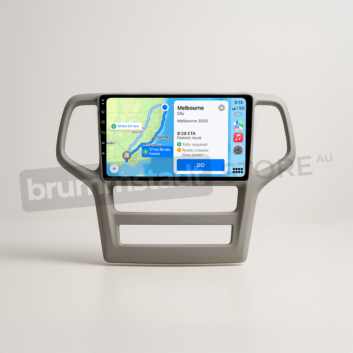 Brummstadt head unit for Jeep Grand Cherokee 2008-2013, grey frame with touchscreen, Apple CarPlay interface showing Google Maps, navigation features in a modern Jeep Grand Cherokee setup, designed for enhanced connectivity and functionality with Apple CarPlay support.