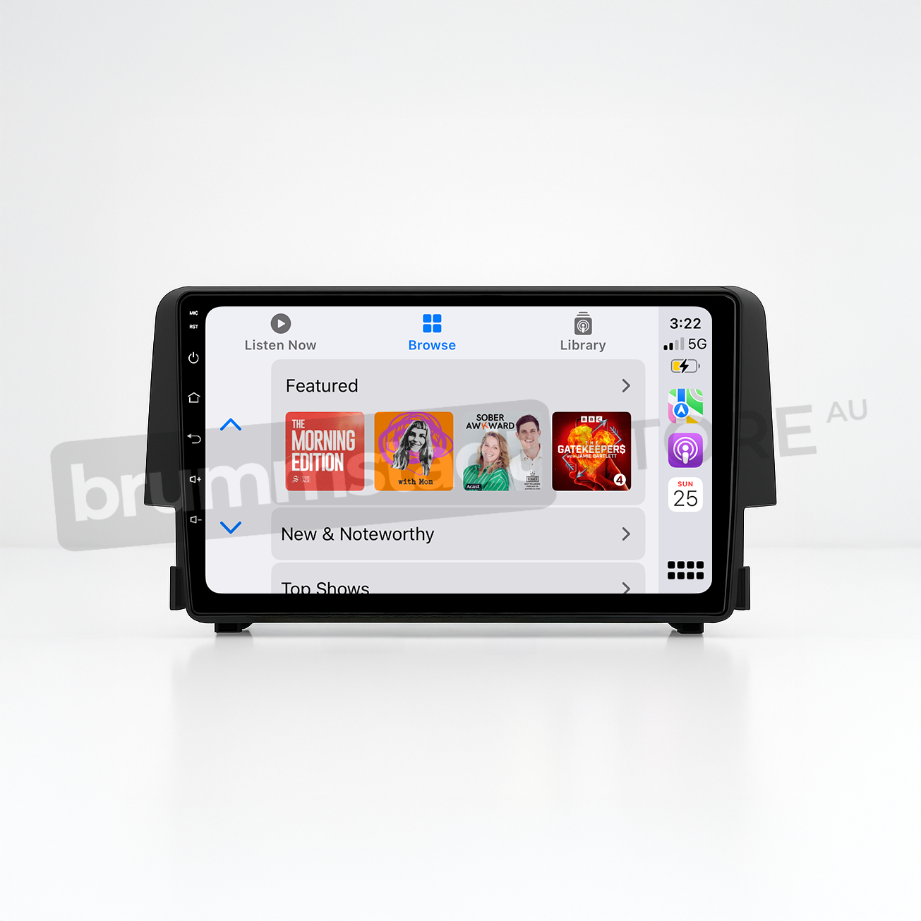 Brummstadt head unit for Honda Civic 2016-2018, sleek design with a touchscreen interface, Apple CarPlay active displaying apps like Google Maps, Spotify, and WhatsApp, perfect for navigation and music in Honda Civic vehicles, featuring easy access to listen options and top shows.