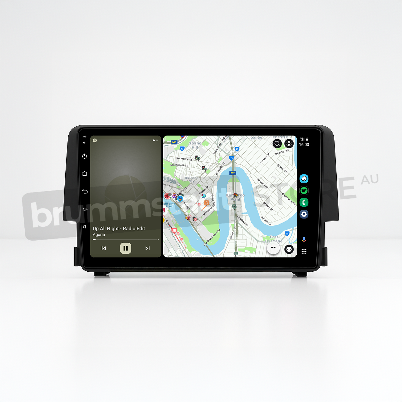 Brummstadt head unit for Honda Civic 2016-2018, featuring a black frame and a capacitive touchscreen. The interface displays Apple CarPlay with Google Maps and a music app showing "Up All Night - Radio Edit", providing navigation and media capabilities for Honda Civic drivers.