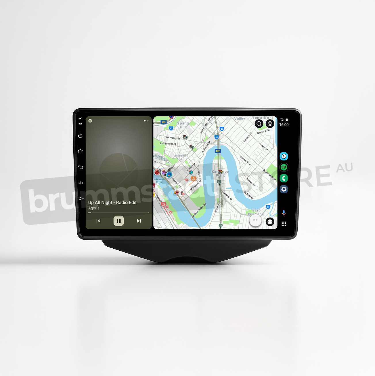 Brummstadt head unit for Hyundai Veloster 2011-2017, black frame with a touchscreen displaying the Apple CarPlay interface showing Google Maps and music playing from a media player. The interface includes transport controls and a visual of the Sydney area, making it ideal for navigation and audio control in Hyundai Veloster interiors.